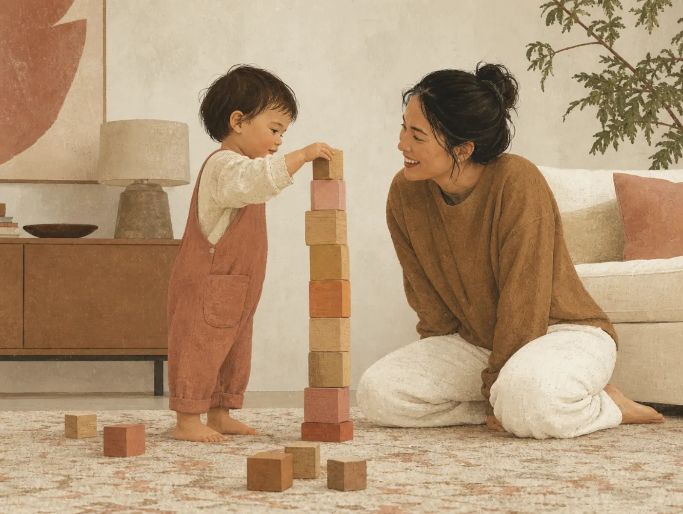 Child Development Test: Milestones Screener: toddler stacking wooden blocks while a parent watches close by