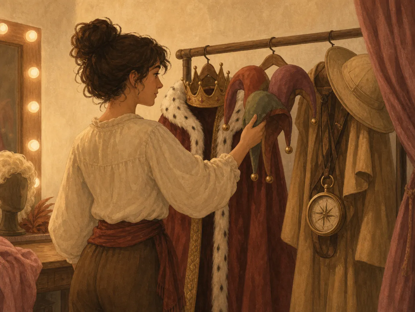 The 12 Jungian Archetypes: a person choosing a costume, cape, jester cap, compass, in a dressing room