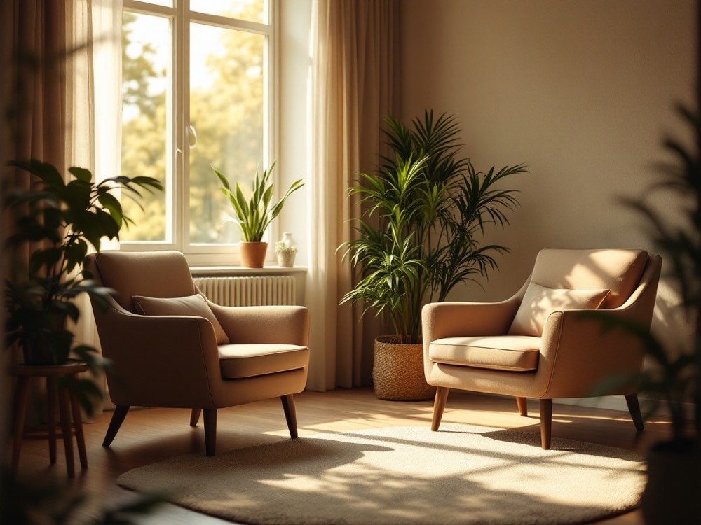 Illustrative image: a quiet consulting room with two armchairs in warm afternoon light