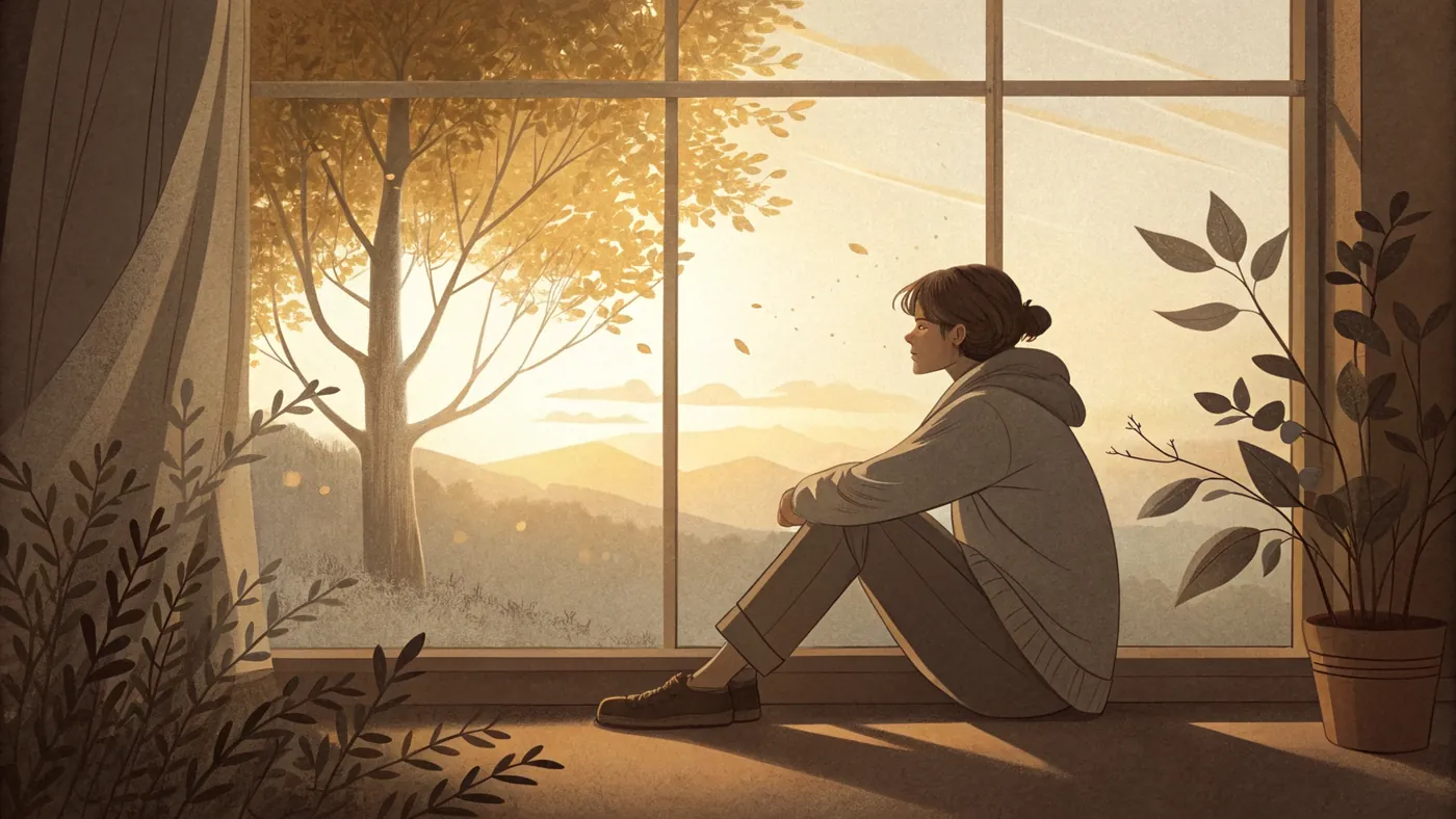 Illustration of a person sitting by a window, representing what living with depression can feel like