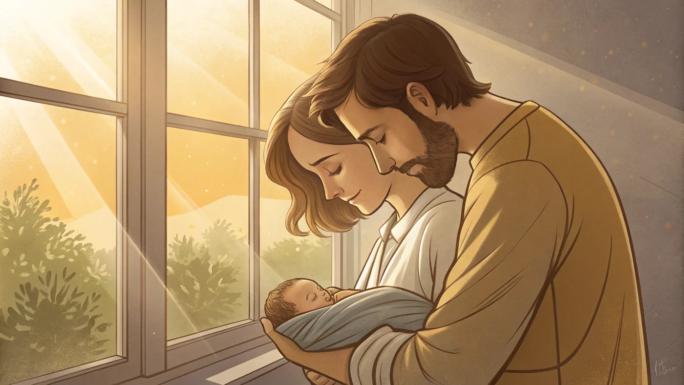 Illustration of a new parent holding a baby while coping with postpartum depression, supported by a caring partner.