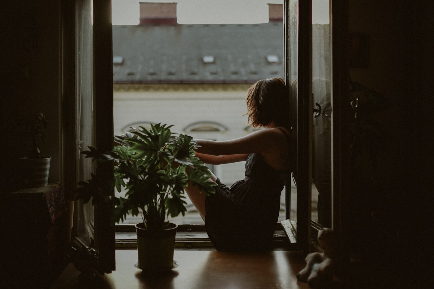 A person sitting quietly by a window in soft light